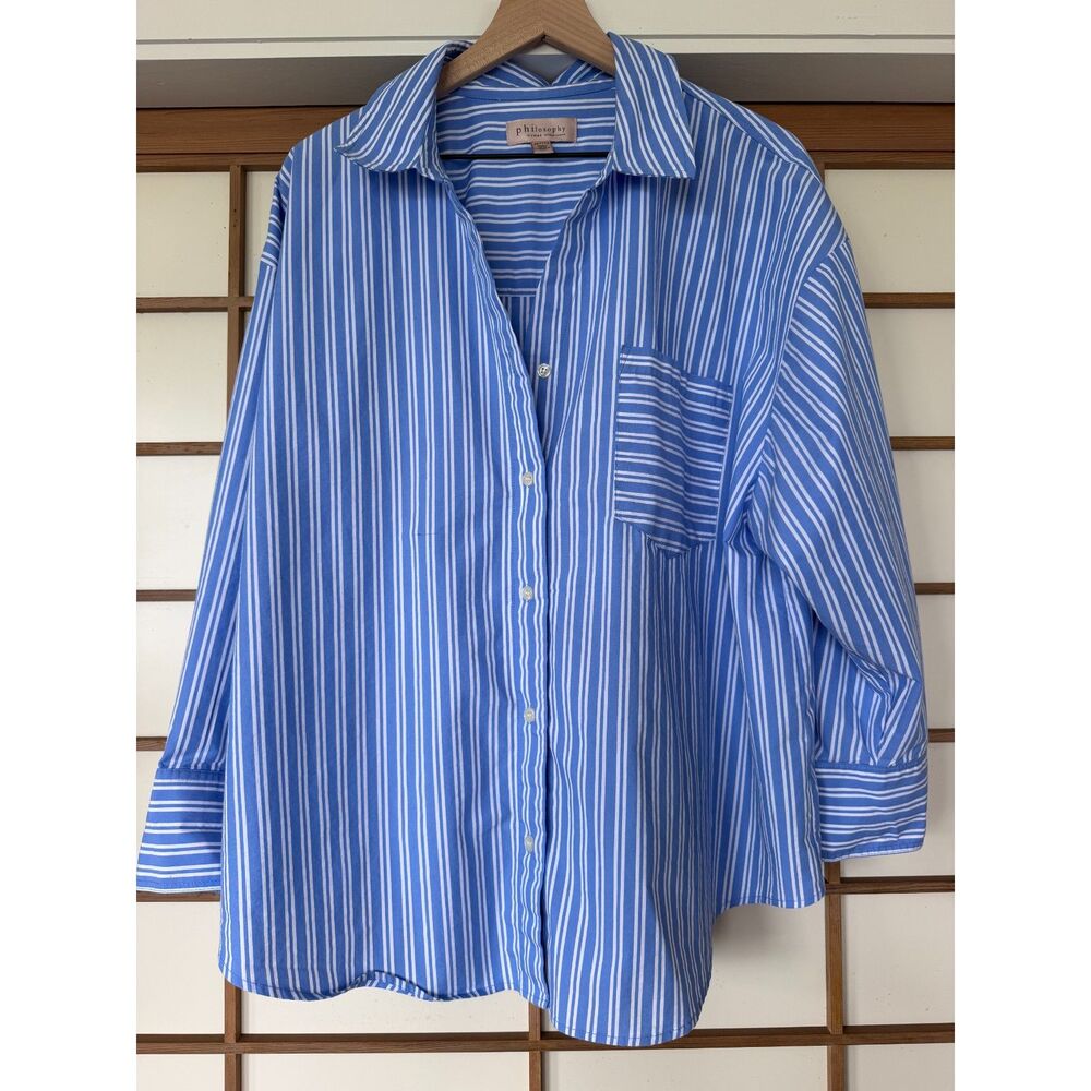 Philosophy Woman 3X Blue White Striped Button Front Shirt Cotton Blend